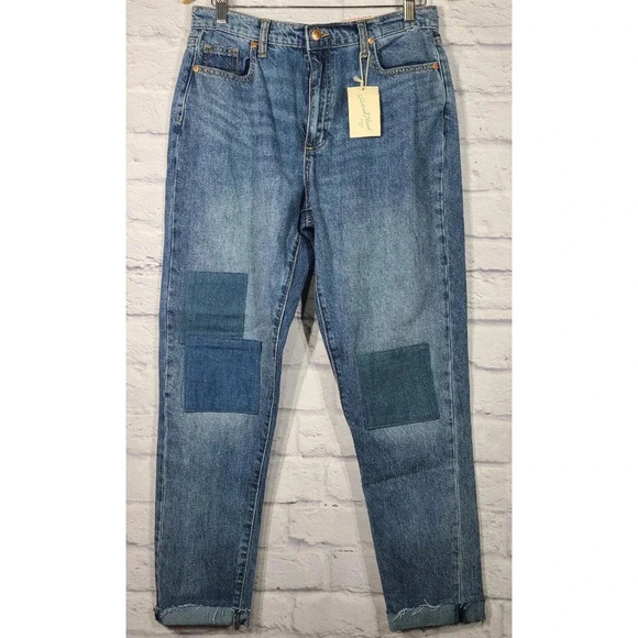 Universal Thread Boyfriend Jeans Women's Size 4 Blue Raw Hem Patchwork Tapered - Picture 1 of 10